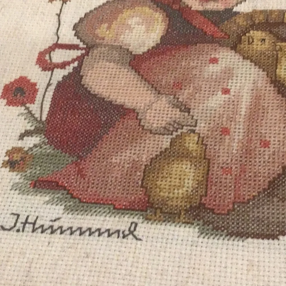 Vintage M.I. Hummel Style Cross-Stitch Wall Art Pair - Red & Cream no frame
